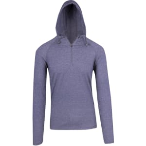 A grey half-hood top with a zippered front and long sleeves, featuring a logo on the side.