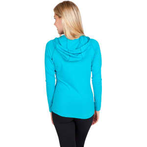 A woman wearing a turquoise half-hood top, viewed from the back, with a hood and long sleeves.