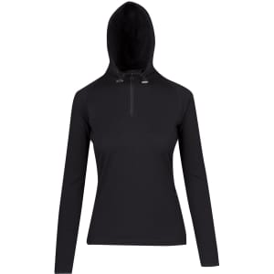 A black half-hood top with long sleeves and a half zipper, featuring an adjustable hood and a logo.