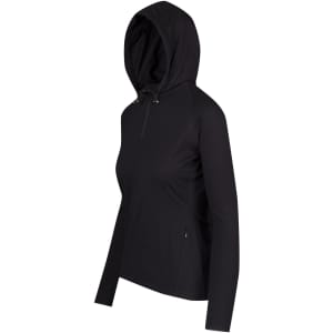 A black half-hood top with long sleeves and a zippered neckline, featuring a logo.