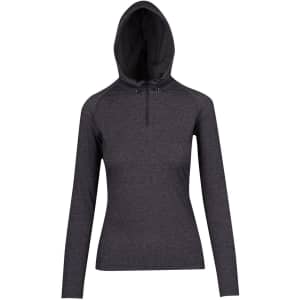A dark grey half-hood top with long sleeves and a zippered neckline. It features a hood and has a logo.