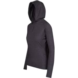 A dark grey half-hooded top for women, featuring long sleeves and a fitted design. It has a logo on the garment.