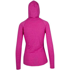 A pink women's hoodie with a half-hood design, featuring long sleeves and a fitted style. It has a logo on the back.