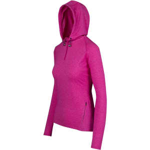A vibrant pink half-hood top with a fitted design and long sleeves, featuring a zipper pocket and a hood.