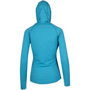 A turquoise hoodie with a fitted silhouette and a hood, featuring long sleeves and a smooth texture.