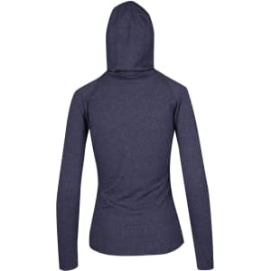 A navy women's half-hood top with a fitted design and long sleeves, featuring a back view.