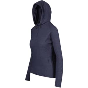 A women's half-hood top in navy blue, featuring a hood and a logo. Ideal for casual wear.