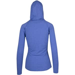 A blue women's hoodie with a half-hood design, featuring a fitted silhouette and long sleeves.