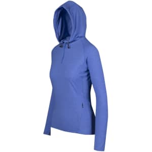 A blue half-hood top with long sleeves, featuring a hood and a zipper at the neck. Includes a branding logo.