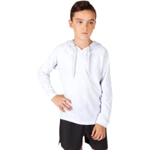 A light grey kids' hoodie with a drawstring hood, featuring long sleeves and a relaxed fit.