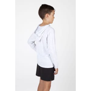 A grey kids' hoodie with a front pocket, shown on a child wearing black shorts, featuring a logo.