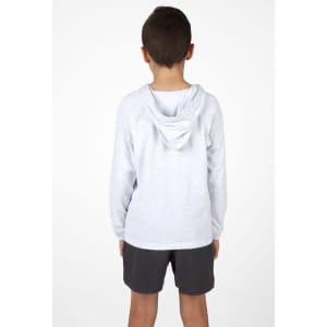 A grey hoodie for kids, featuring a back view with a hood, paired with shorts. Includes a logo.