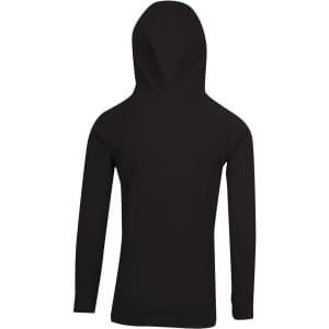 A black hoodie designed for kids, featuring a hood and long sleeves. It has a simple design without any visible logos.