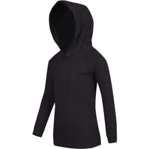A black kids' hoodie with a hood and long sleeves, featuring a simple design and a logo.