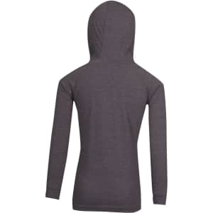 A grey kids' hoodie featuring long sleeves and a hood, viewed from the back.