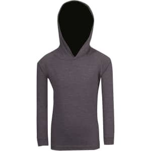 A grey kids' hoodie featuring a drawstring hood and long sleeves. It has a plain design and includes a logo.