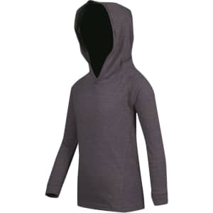 A grey children's hoodie with a large hood and long sleeves, featuring a branding logo.