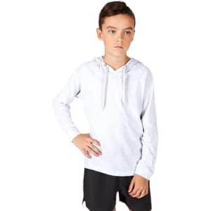 A grey kids' hoodie featuring a front pocket and adjustable drawstring hood. Suitable for casual wear.