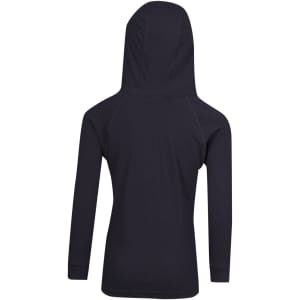 A black hoodie with a fitted design and a hood, featuring long sleeves and raglan seams.
