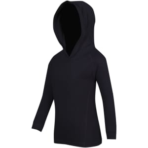 A black hoodie for kids, designed with long sleeves and a front kangaroo pocket. It features a hood and a logo.