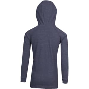A dark grey hoodie featuring a hood and long sleeves, designed for kids. It has a simple, unadorned back.
