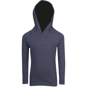A navy hoodie with a distinctive hood and long sleeves, featuring a simple design and no visible logos.
