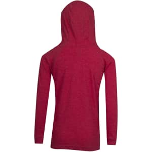 A red hoodie with a hood and long sleeves, featuring a plain back design and a branding logo.