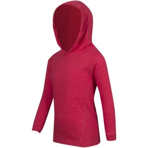 A red kids' fusion t-shirt hoodie featuring long sleeves and a hood. The fabric has a textured look and a fitted style.