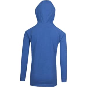 A blue kids' fusion t-shirt hoodie featuring a hood and long sleeves, with a logo on the back.
