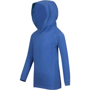 A blue hoodie featuring a large hood and long sleeves for kids, designed as a comfortable jumper.