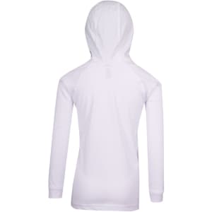 A white kids' hoodie with a back view, featuring a hood and long sleeves. Includes a logo emblem.