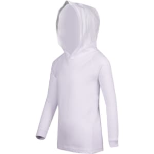 A white kids' fusion t-shirt hoodie with long sleeves and a hood, featuring a branding logo.
