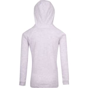A grey hoodie with long sleeves and a hood, viewed from the back. Features a branding logo.