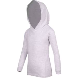 A light grey hoodie with a hood, featuring long sleeves and a soft, smooth texture. It has a simple design.