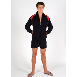 A model wearing a black and red unbrushed contrast track jacket, paired with black shorts and flip-flops.