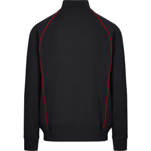 A black men's unbrushed contrast jacket featuring red piping along the seams and a high collar. It has a logo on the back.