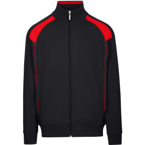 A black men's unbrushed contrast jacket with red detailing and a zip front. Features a logo on the chest.