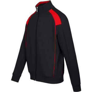 A black track jacket with red contrast detailing and a zip front, featuring a logo on the chest.
