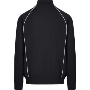A black men's unbrushed contrast track jacket featuring white piping and a high collar, with a logo on the back.
