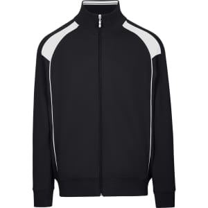A black men's unbrushed contrast jacket featuring white detailing and a zip front, with a logo on the chest.