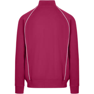 A men's unbrushed contrast jacket in a vibrant maroon colour with white piping details. Features a high collar and long sleeves.