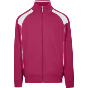 A mens' unbrushed contrast jacket in berry pink with white detailing and a zip front. Features a logo on the chest.