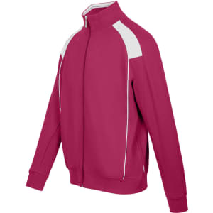 A men's unbrushed track jacket in pink with white contrast detailing and a zip-up front. It features a logo.