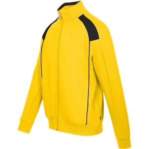 A bright yellow track jacket with black contrast detailing and a zip front, featuring ribbed cuffs and collar.