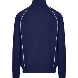 A navy men's unbrushed contrast track jacket featuring white piping and a high collar. It has a logo on the back.