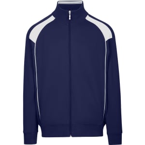 A navy men's unbrushed contrast jacket with white panel detailing and a zip front. Features a logo.