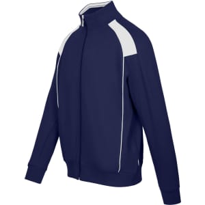 A navy blue men's unbrushed contrast jacket with white detailing and a zip front. Features a logo on the chest.