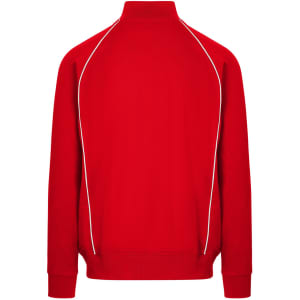 A red unbrushed contrast track jacket featuring white piping and a high collar, with a logo on the back.