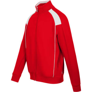 A red unbrushed contrast jacket featuring white detailing and a zippered front. The jacket has a sporty design.