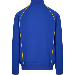 A blue men's unbrushed contrast track jacket with a yellow piping detail and a high collar. It features a logo.